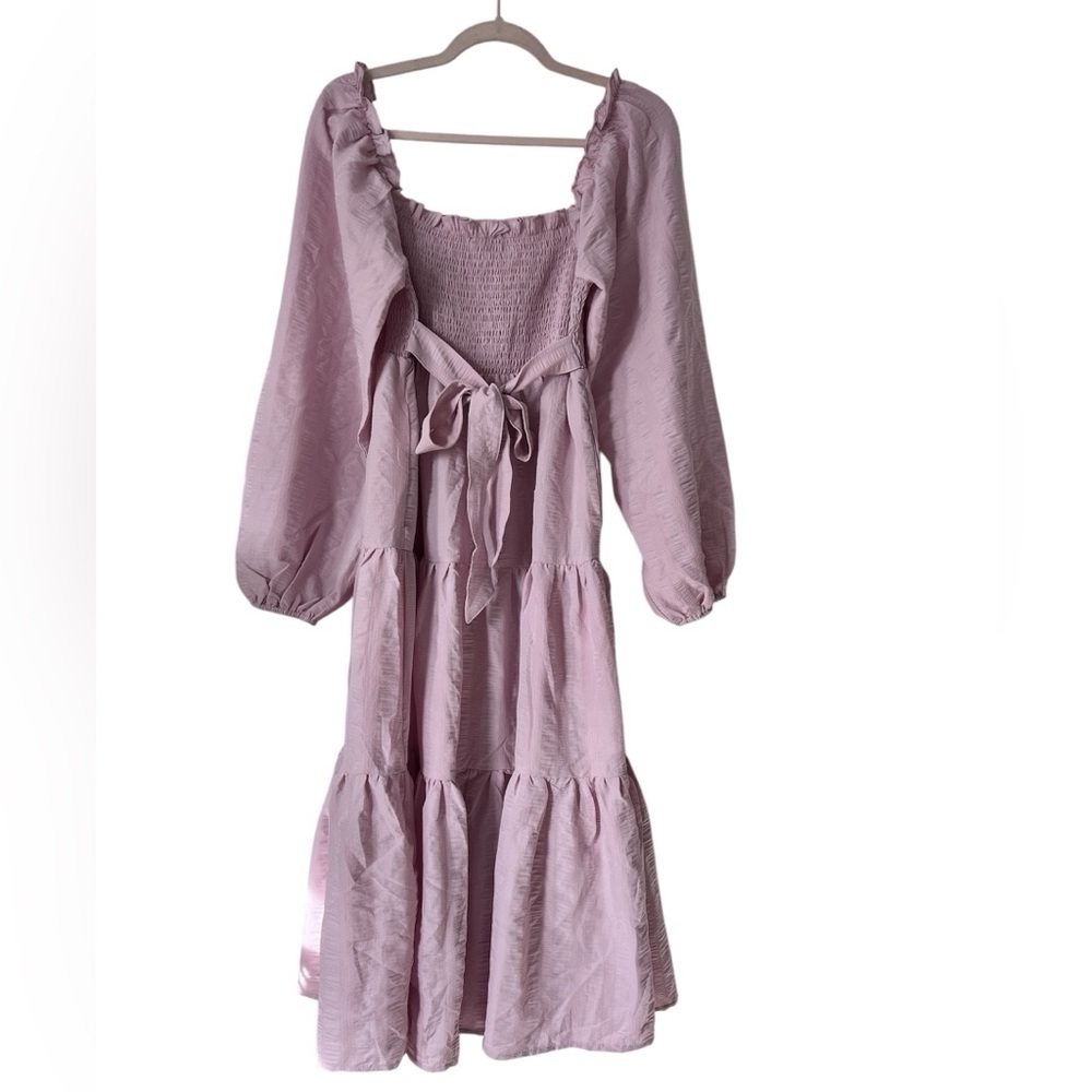 Urban Outfitters Pale Pink Gabriella Smocked‎ Tiered Midi Dress Long Sleeves SM - Picture 3 of 7